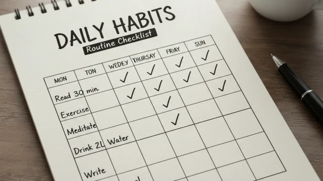A simple habit tracker on paper with daily boxes ticked off, building consistent daily habits