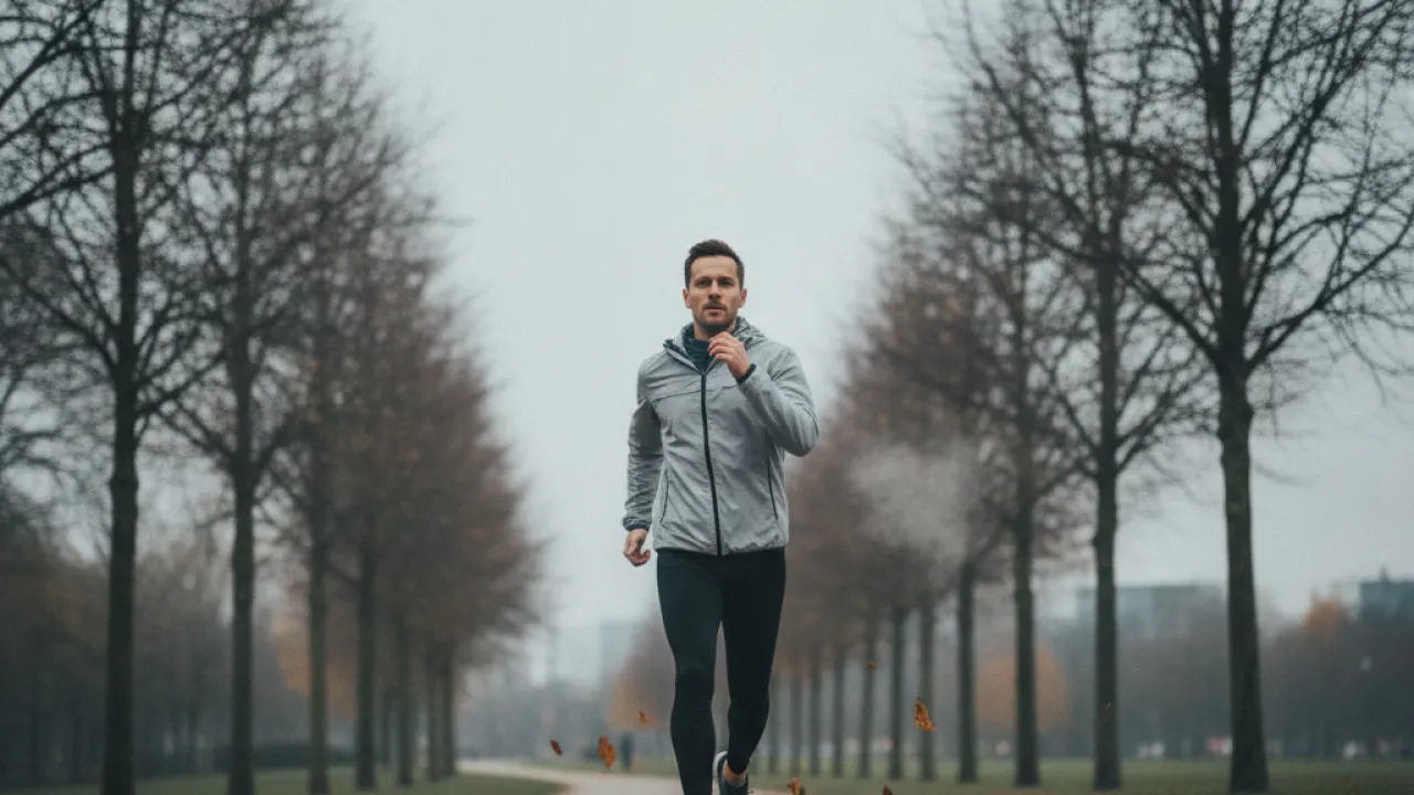 A person taking a short walk outside on a grey day, using movement to restore energy