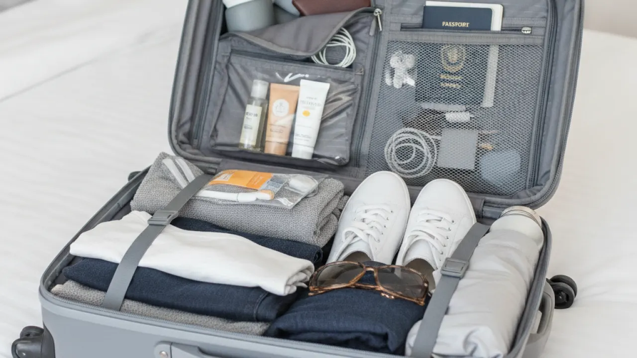 Small carry-on suitcase packed neatly with clothes and essentials for a two day trip