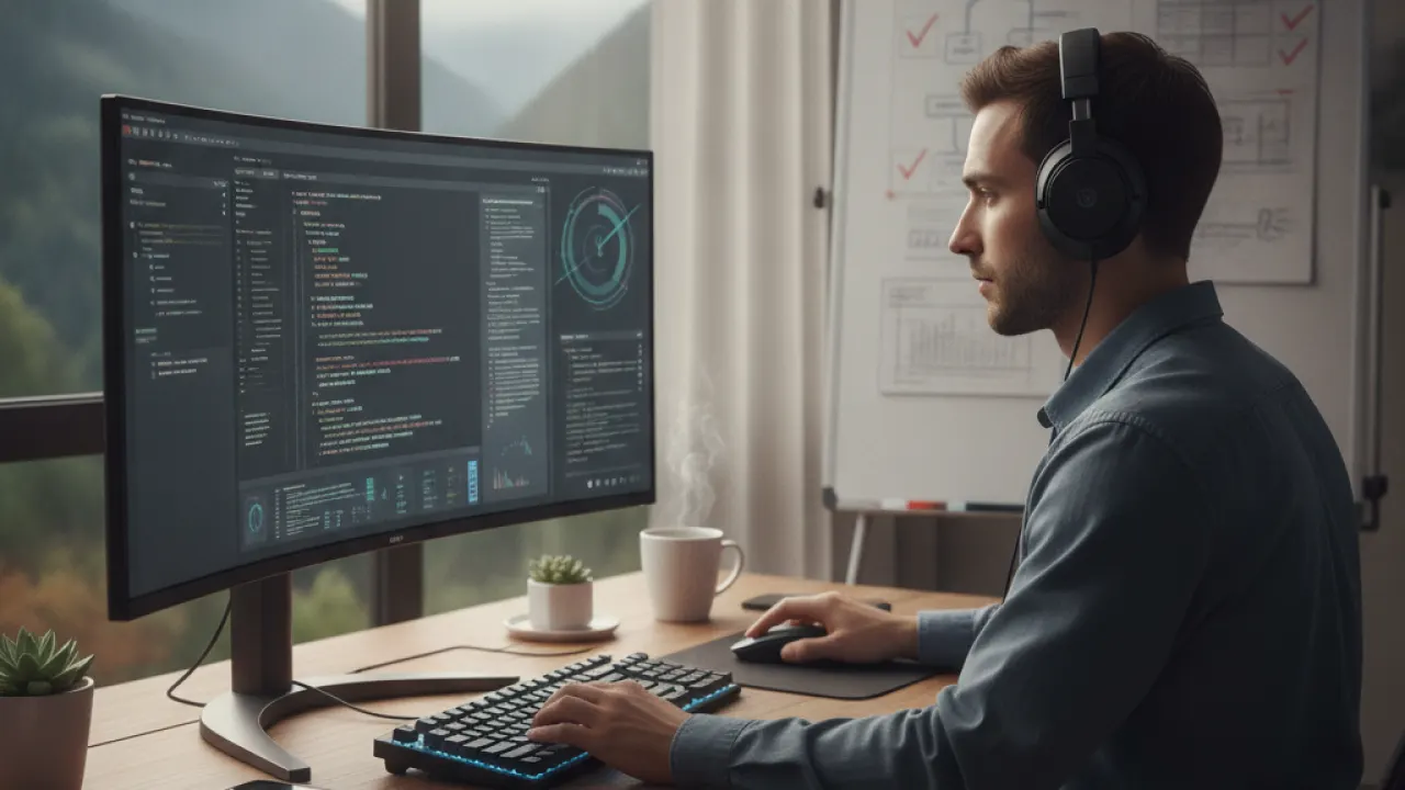 A focused person working steadily with headphones in a quiet, calm environment