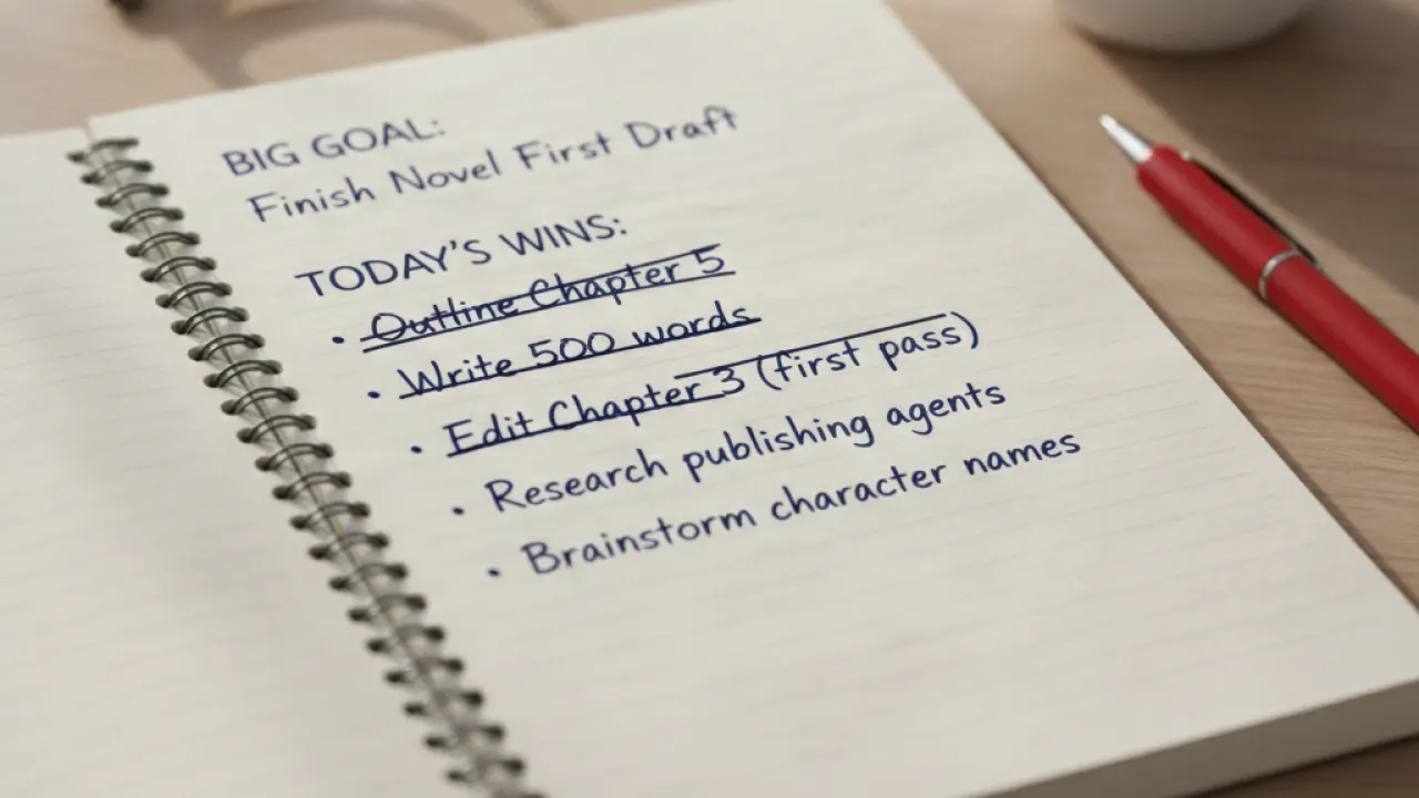 A notebook showing a short goal and completed tasks crossed off, celebrating small wins
