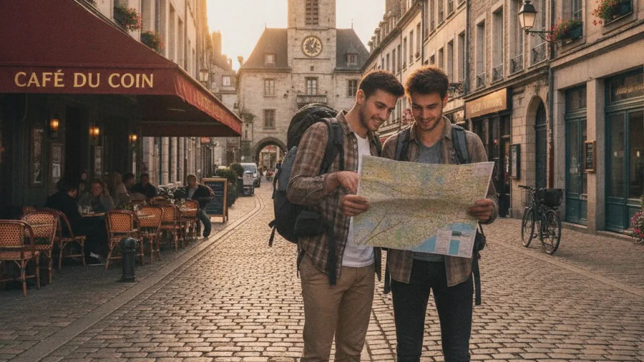 Travelers exploring a new city on foot discovering local cafes and landmarks