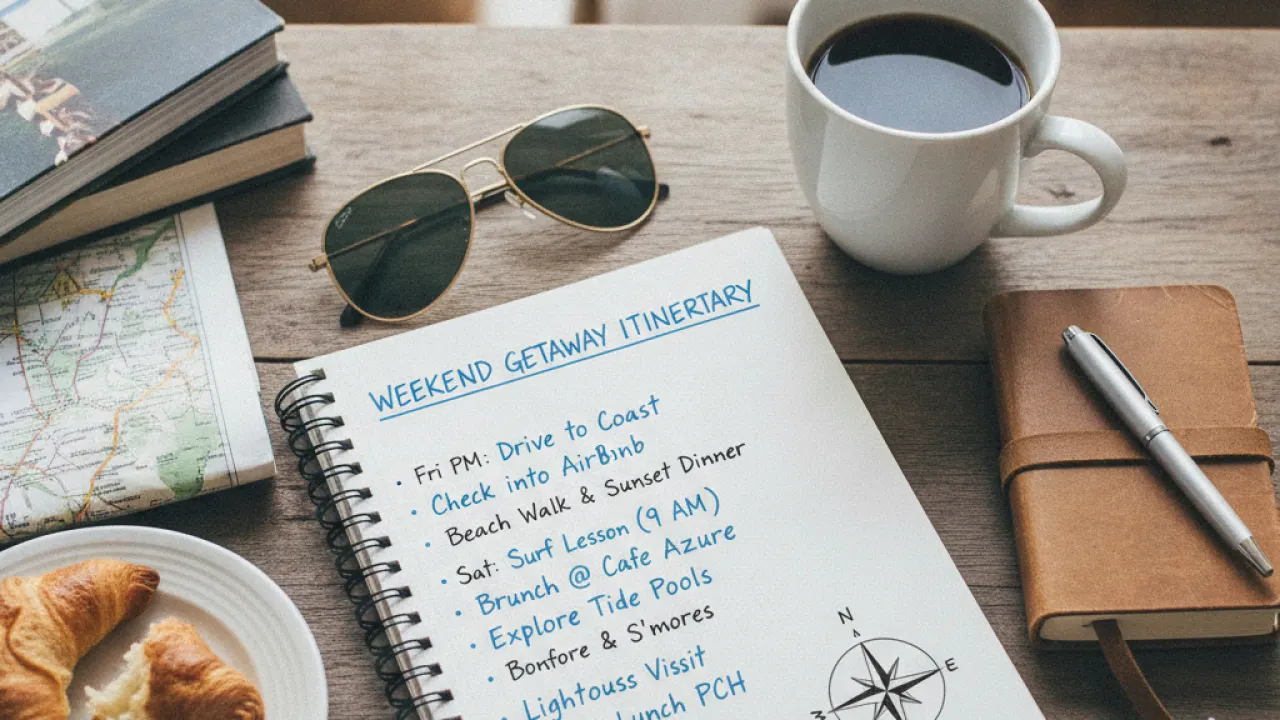 Travel journal with weekend getaway itinerary written out beside a coffee cup
