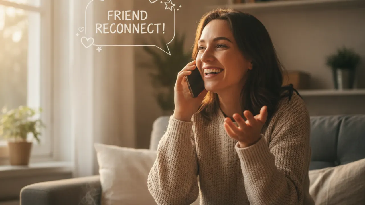 Person making a phone call while smiling to reconnect with a friend