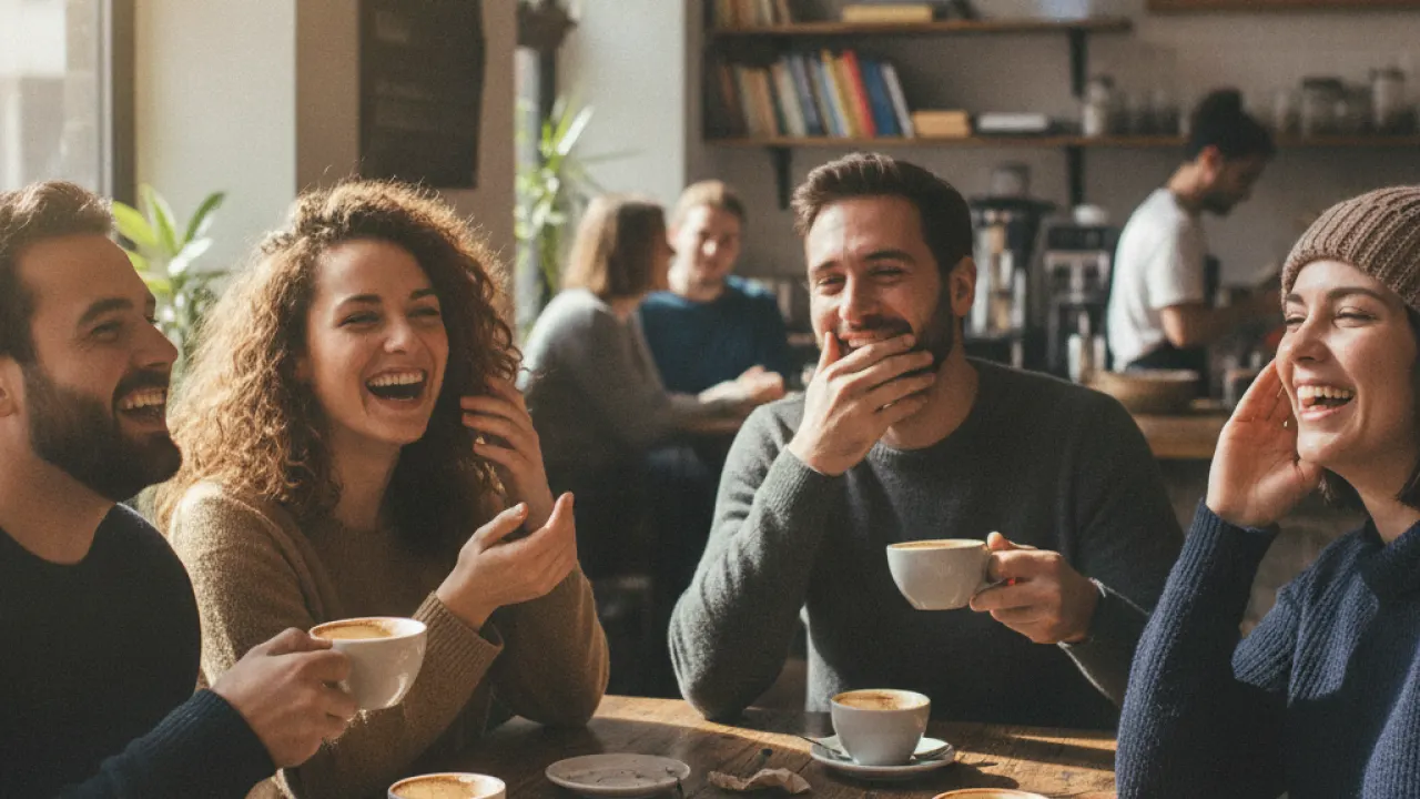 Small group of friends having coffee together and laughing at a cafe