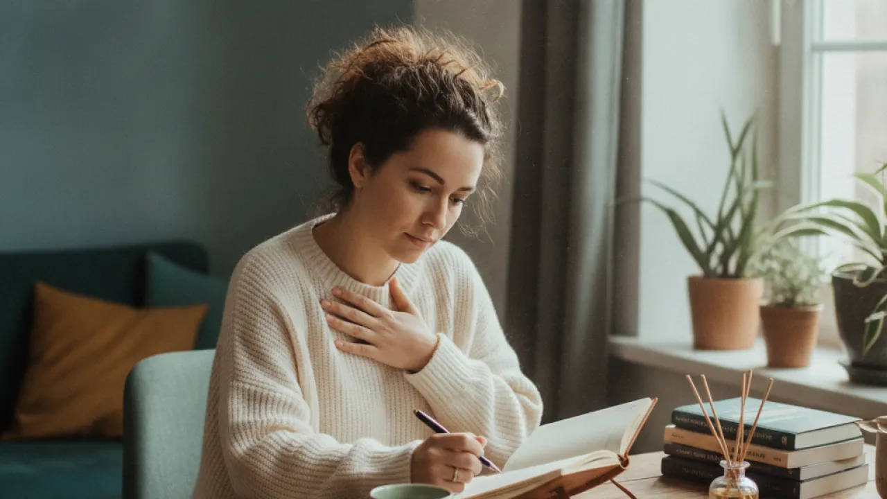 Person journaling in a quiet room processing emotions for self-reflection