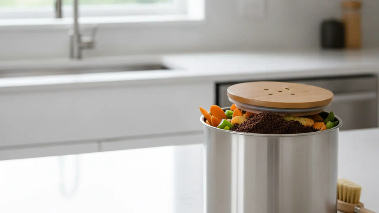 small kitchen compost bin collecting food scraps as a first step in composting for beginners