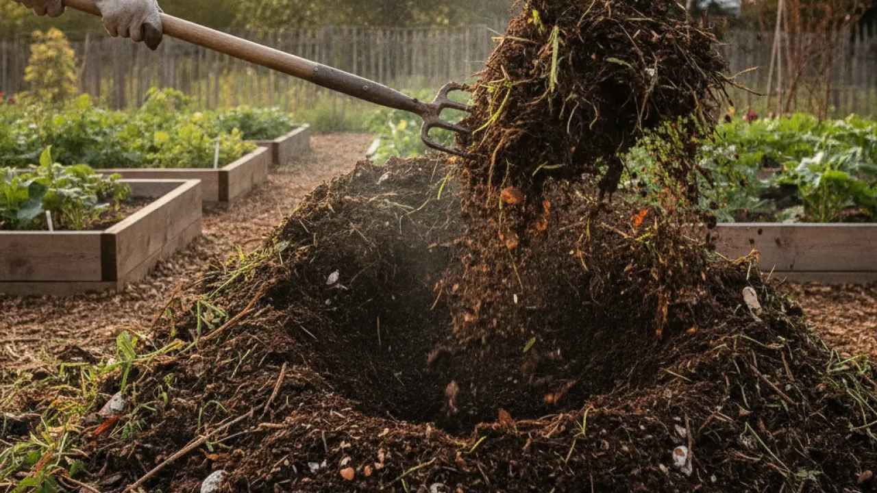 gardener turning compost pile to aerate it, a key step in composting for beginners