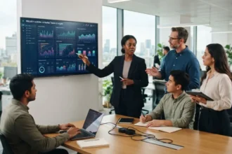 AI business solutions - business team reviewing AI insights on monitor