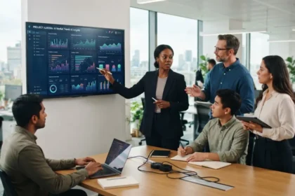 AI business solutions - business team reviewing AI insights on monitor