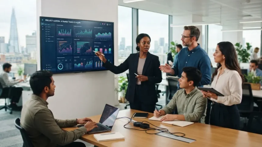 AI business solutions - business team reviewing AI insights on monitor