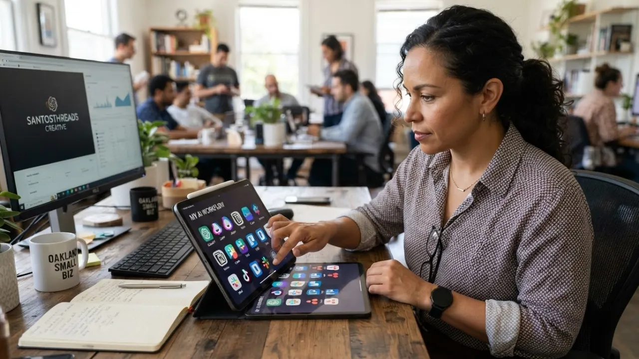 small business owner organising AI software apps on a tablet