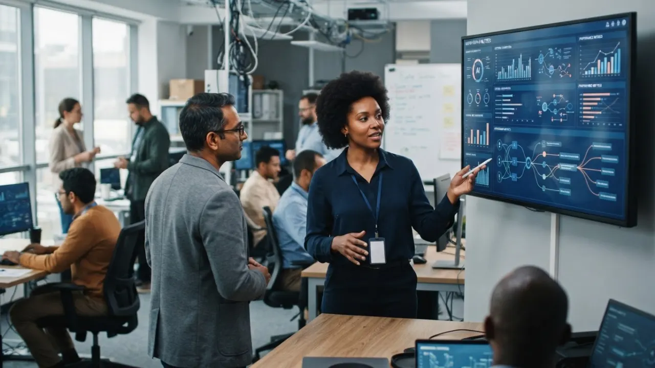 modern office with automated AI workflows on multiple screens