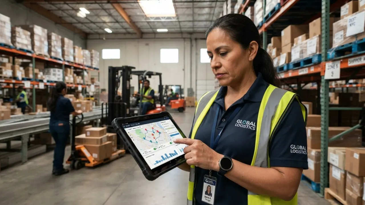 warehouse manager checking AI optimised delivery routes on tablet