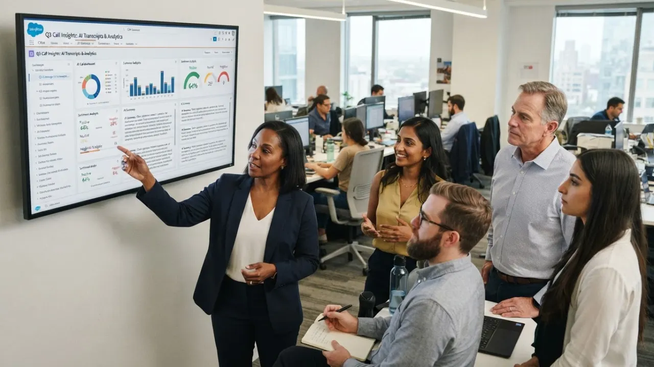 sales team reviewing AI call analytics on CRM dashboard