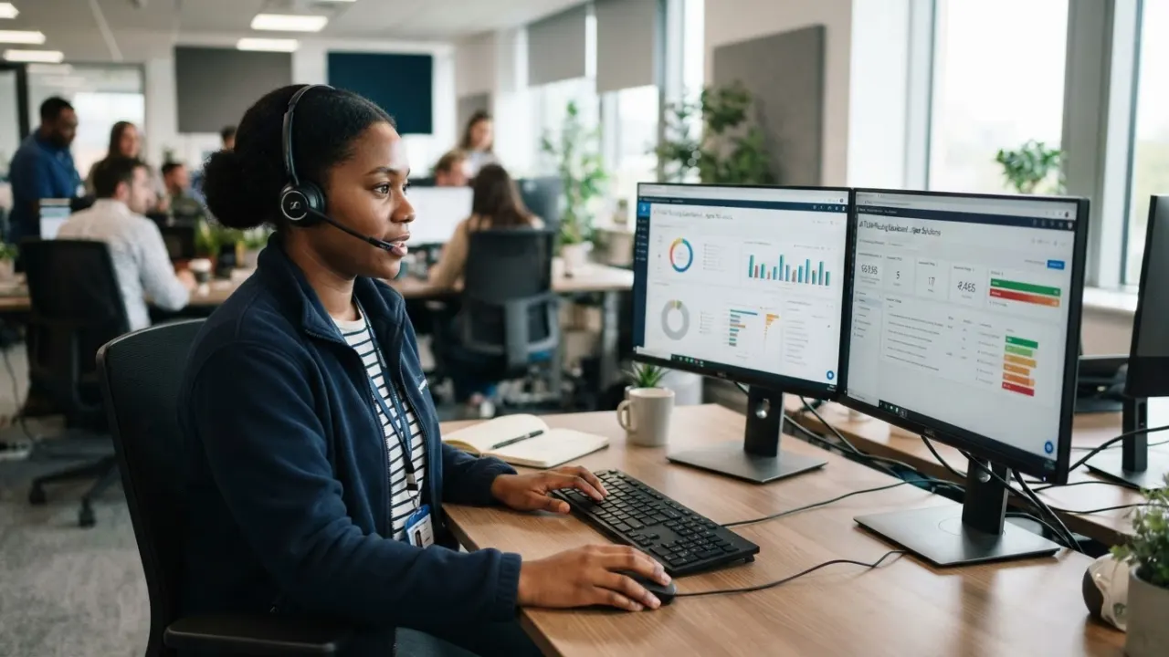 customer support agent using AI ticket software on dual monitors