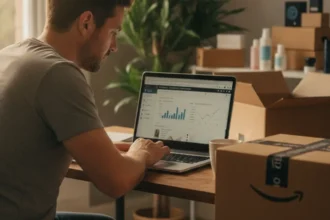 amazon fba uk seller reviewing dashboard on laptop with shipping boxes