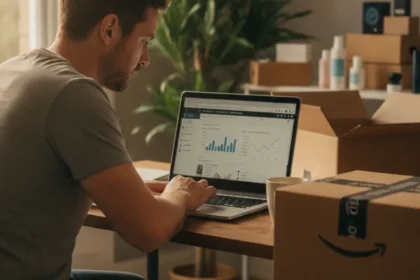 amazon fba uk seller reviewing dashboard on laptop with shipping boxes