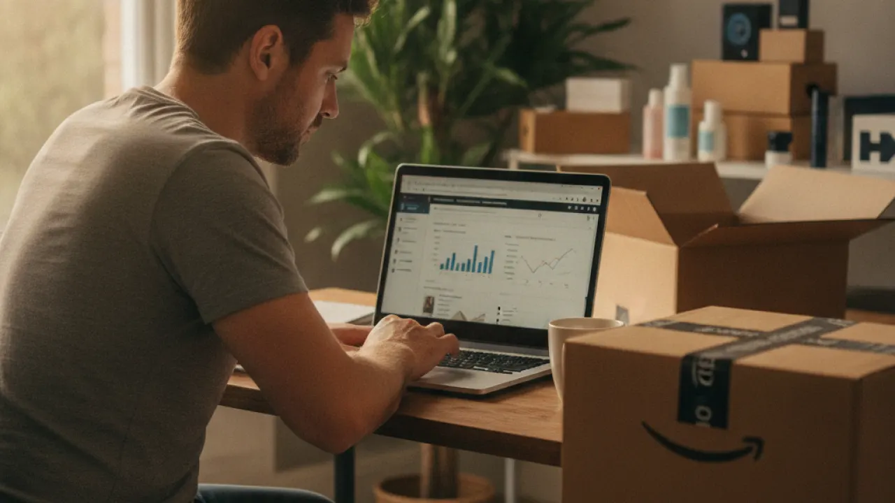 amazon fba uk seller reviewing dashboard on laptop with shipping boxes