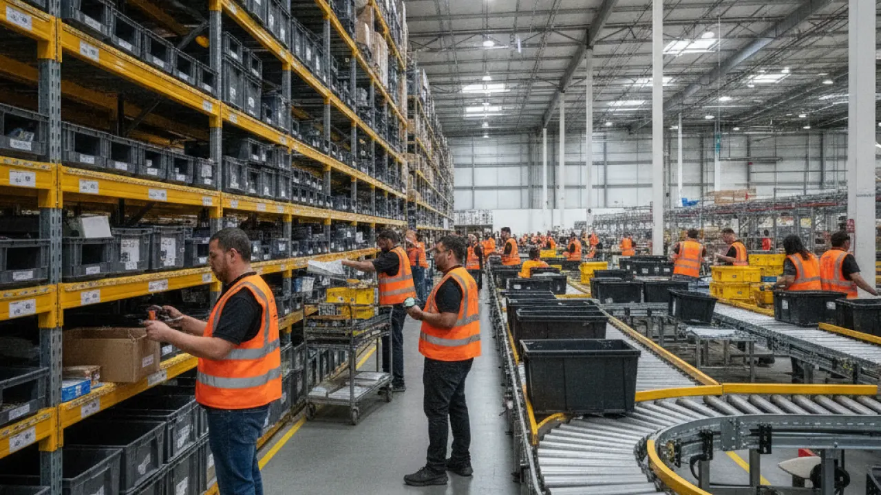 amazon fba uk fulfillment center warehouse with shelving and workers