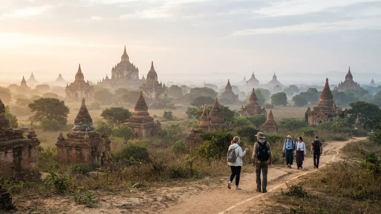 Ancient brick temples across the Bagan plain in Myanmar