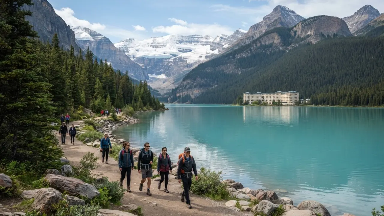 Moraine Lake below snowy Rocky Mountain peaks in Banff Canada