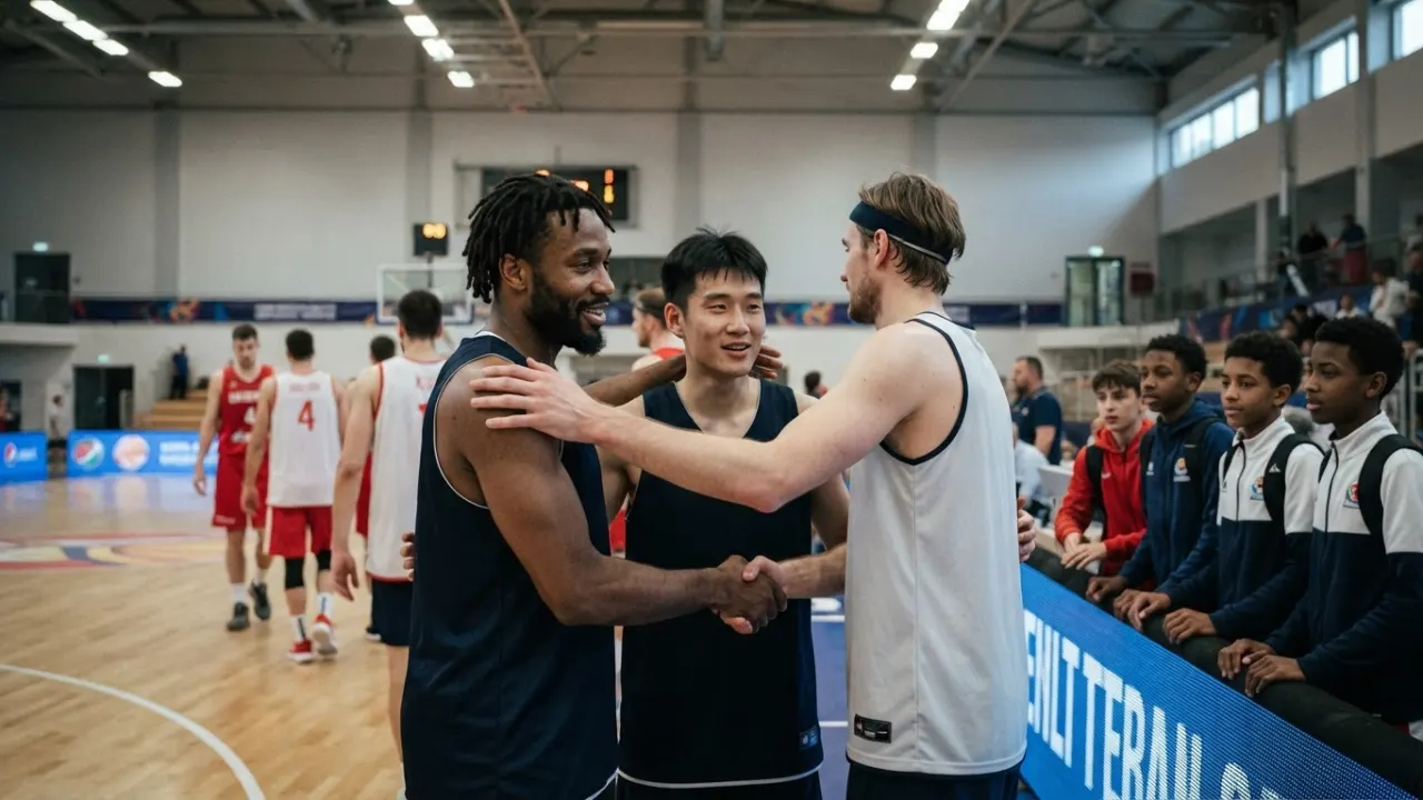 basketball players from several countries meeting on an international court