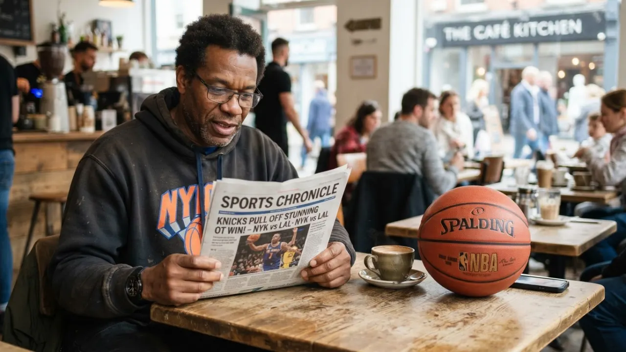 basketball fan reading sports newspaper at cafe table