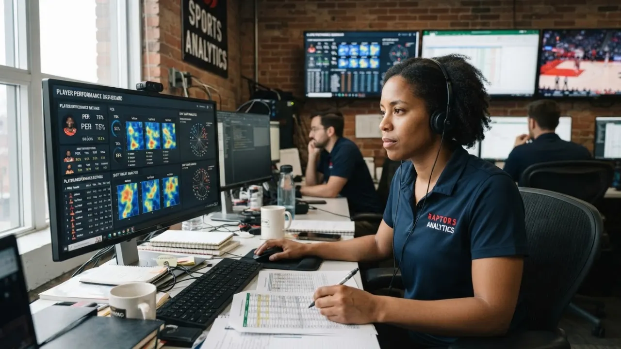 analyst reviewing basketball player statistics on multiple monitors