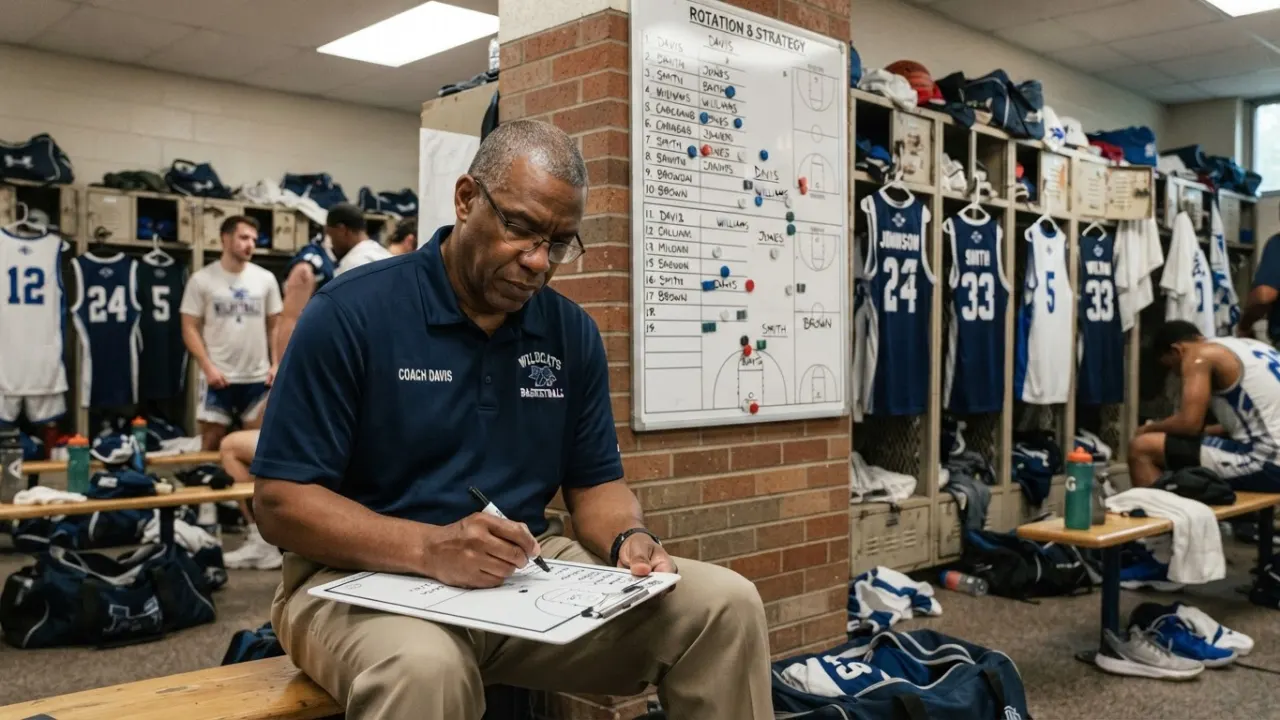 basketball rankings war room with coach writing lineup