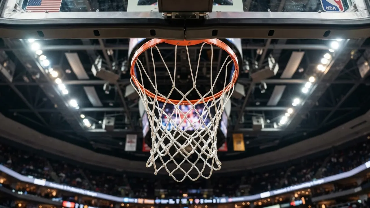 standard ten-foot basketball rim above a marked indoor court