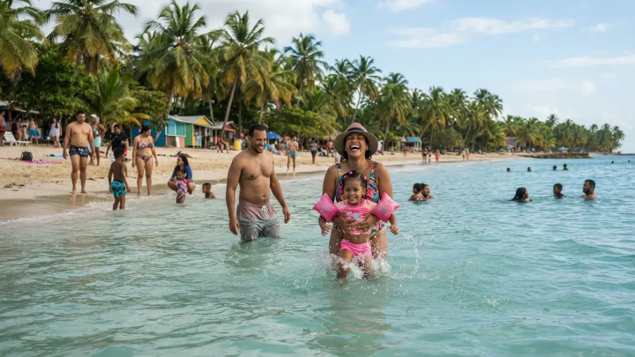 family on a calm Caribbean beach