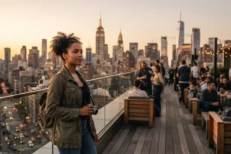 best cities to visit in the USA - traveller overlooking New York City skyline at golden hour