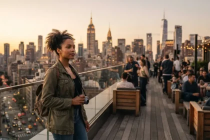 best cities to visit in the USA - traveller overlooking New York City skyline at golden hour