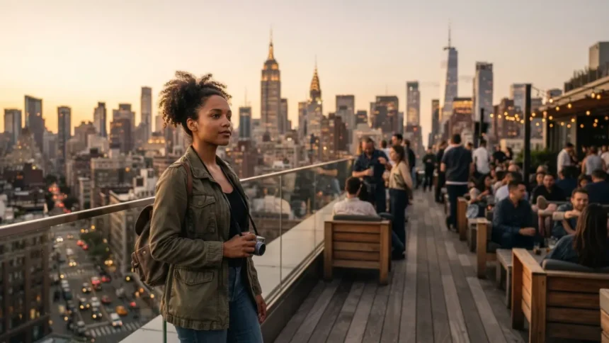 best cities to visit in the USA - traveller overlooking New York City skyline at golden hour