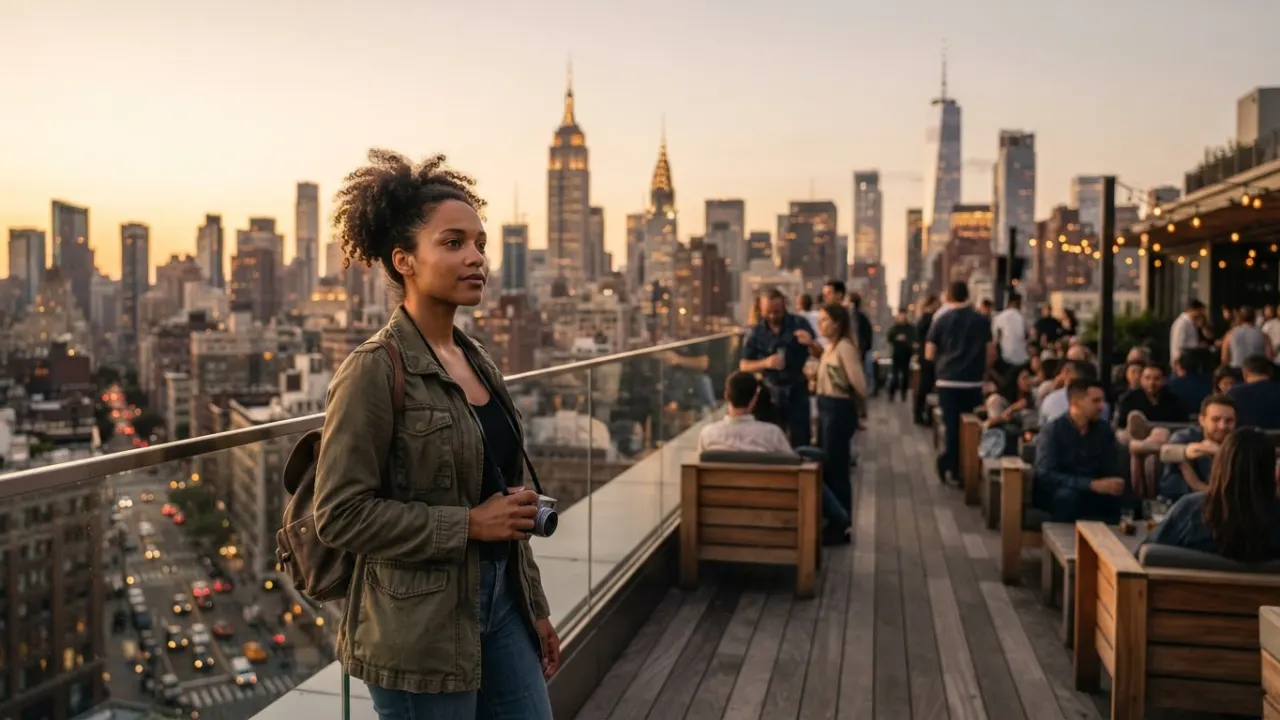 best cities to visit in the USA - traveller overlooking New York City skyline at golden hour
