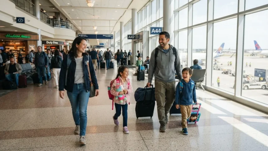 best family vacation destinations - happy family at airport