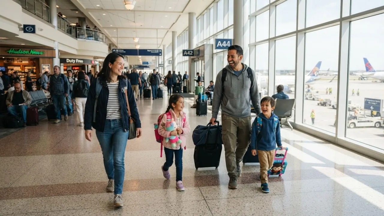 best family vacation destinations - happy family at airport