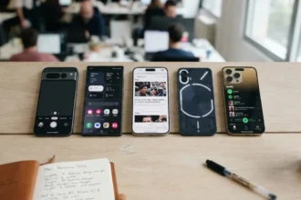 best smartphones to buy in 2026 - modern smartphones arranged on a desk