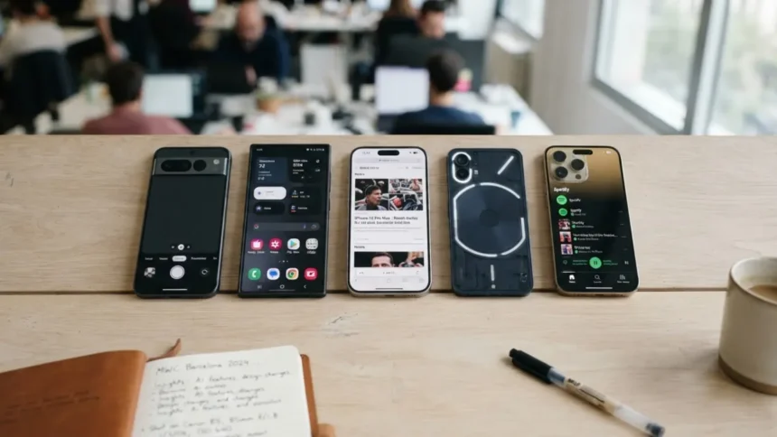 best smartphones to buy in 2026 - modern smartphones arranged on a desk
