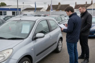 best used cars UK under 5000 buyer inspecting affordable hatchbacks