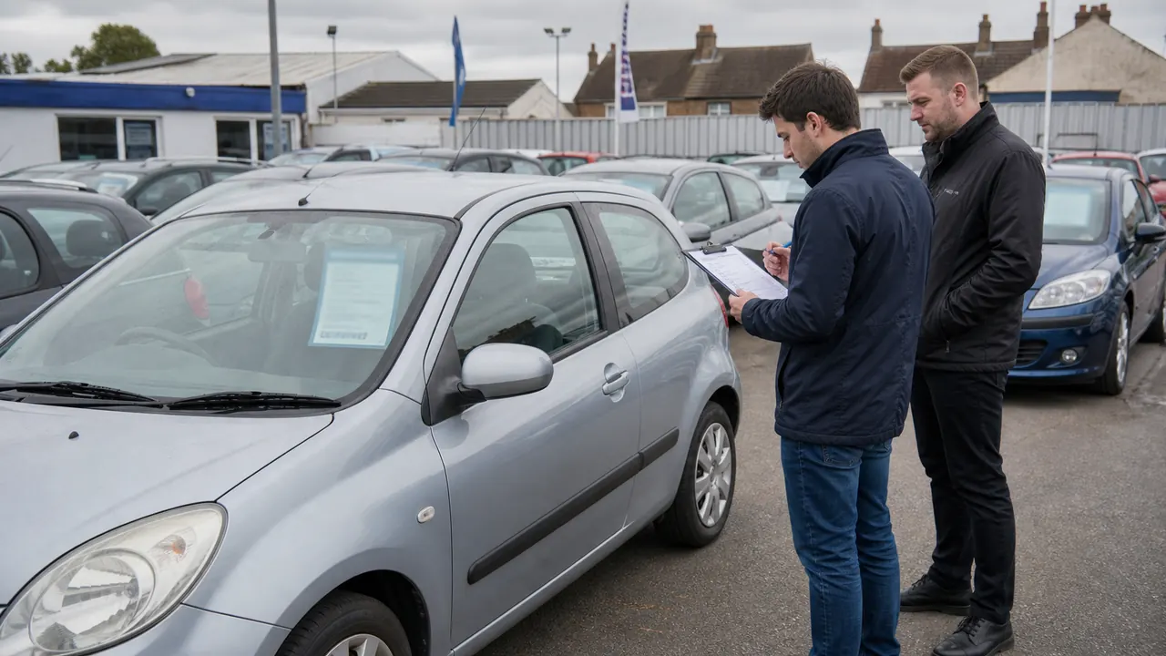 best used cars UK under 5000 buyer inspecting affordable hatchbacks