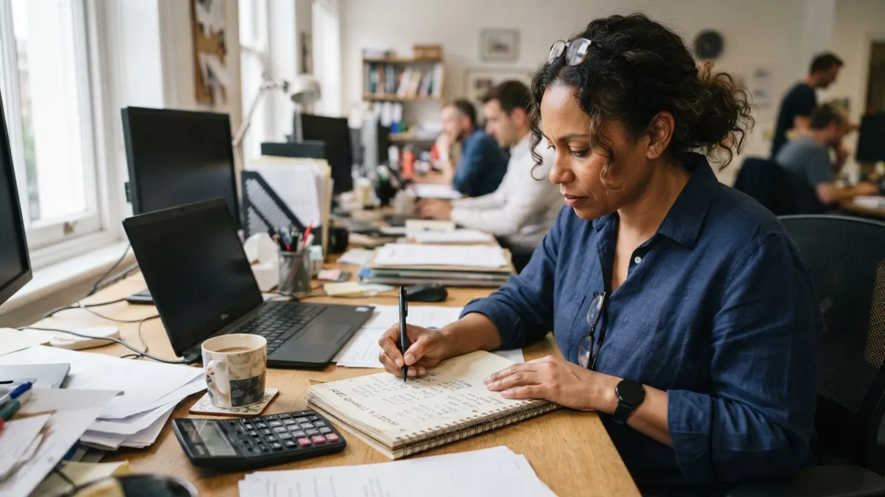 person writing a budget plan at a desk with calculator and notebook
