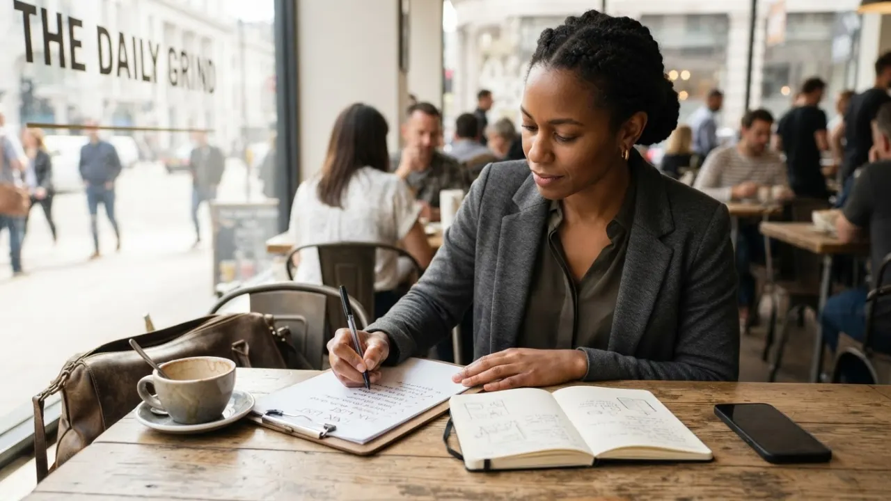 best businesses to start in 2026 - entrepreneur writing a business checklist on a clipboard in a cafe