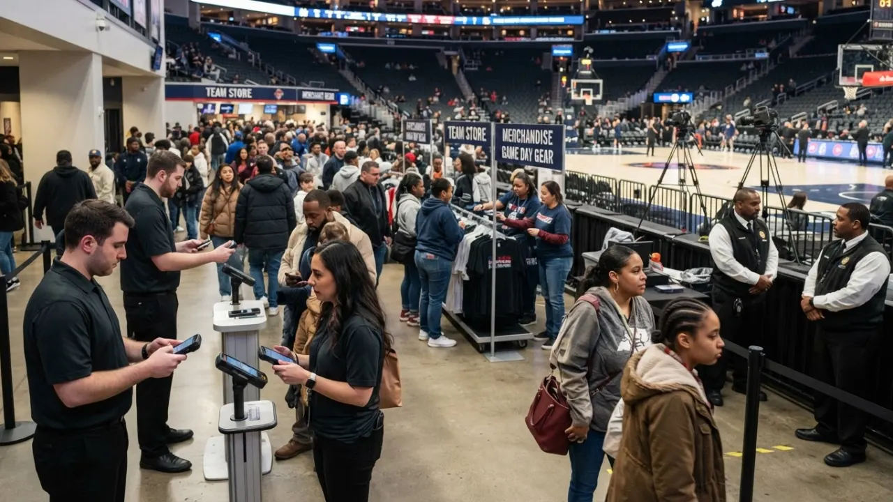 busy professional basketball arena showing tickets media and court action