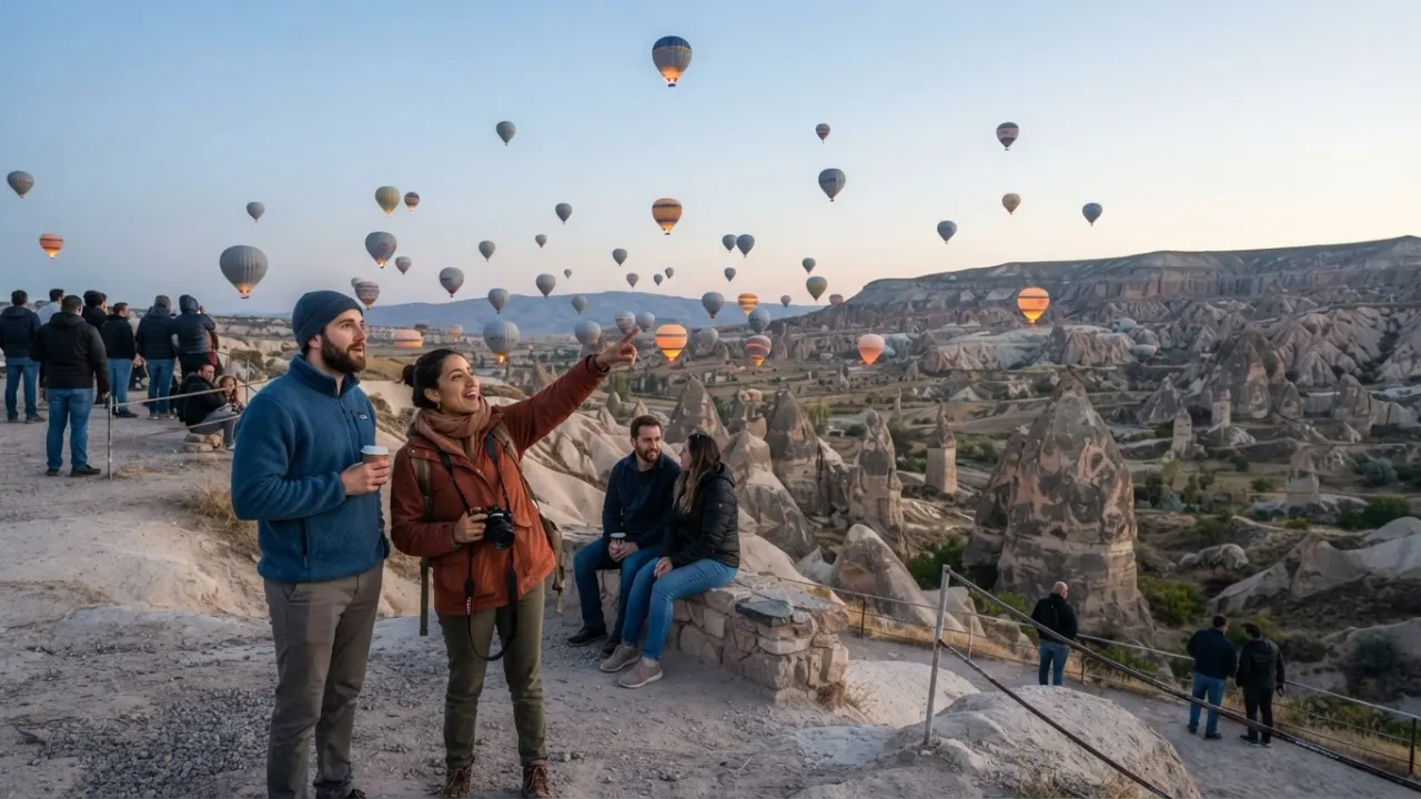 Rock cones and hot air balloons over Cappadocia in Turkiye
