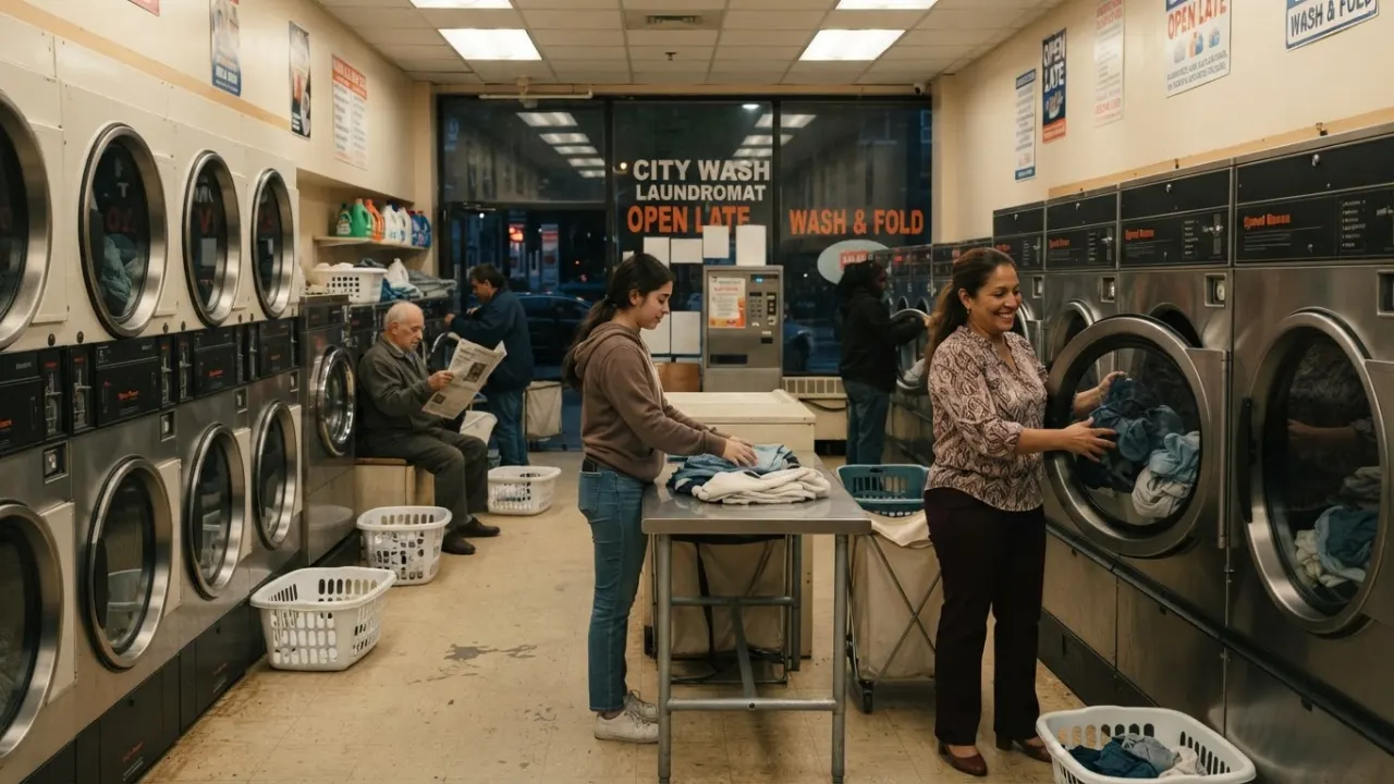 interior of a laundromat with washing machines in a row