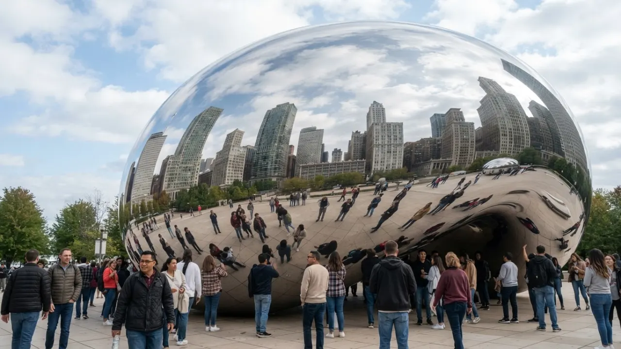 Chicago skyline and Cloud Gate sculpture in Millennium Park