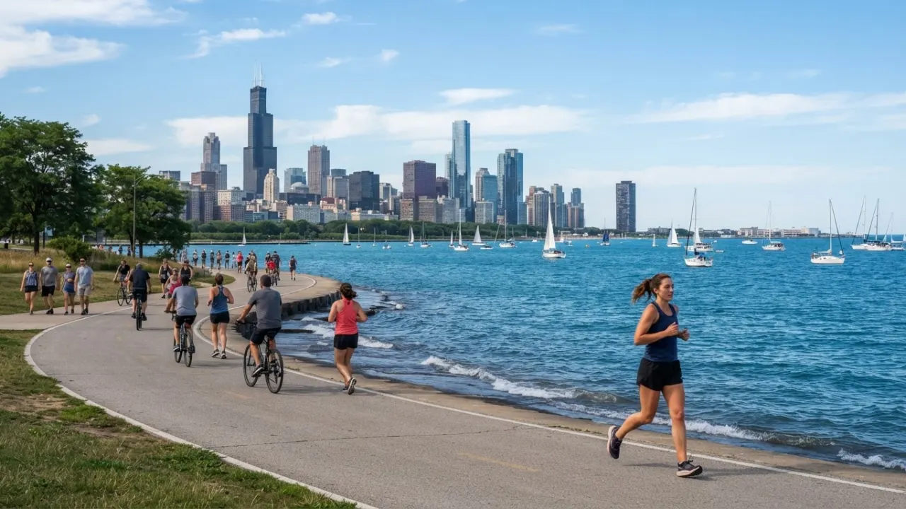Chicago skyline Lake Michigan Lakefront Trail summer