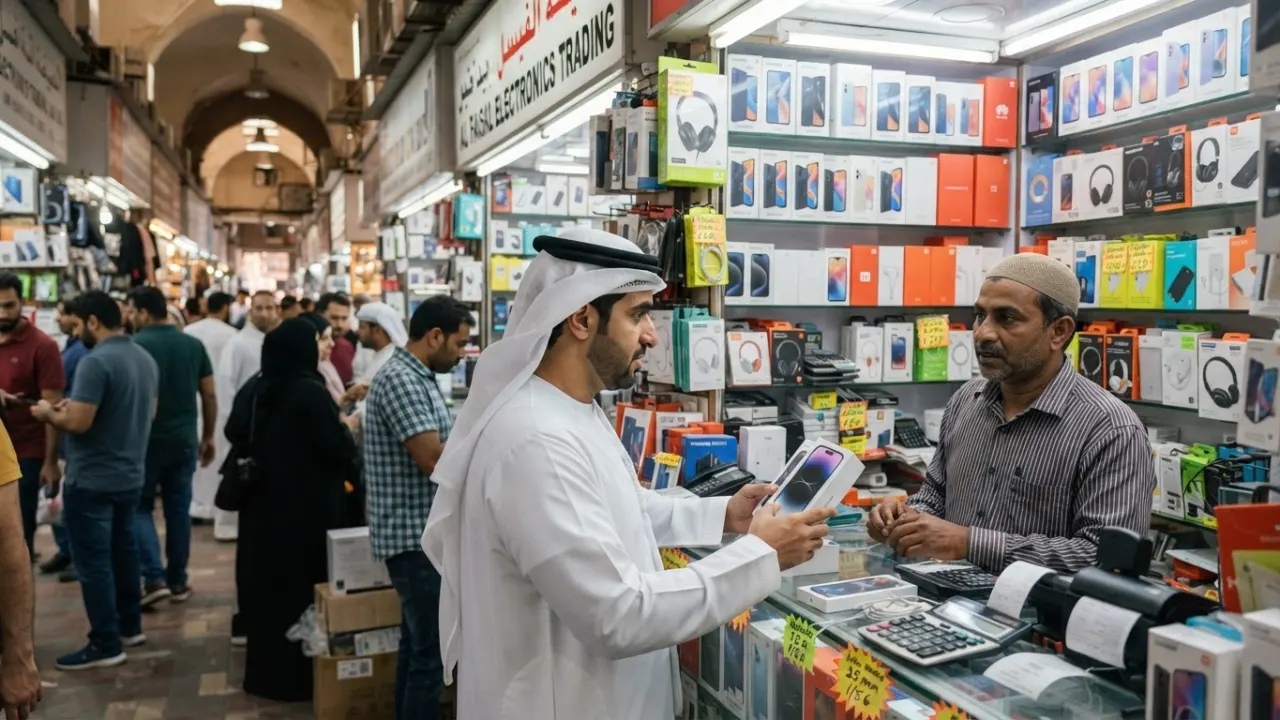 Customer checking an electronic device before purchase